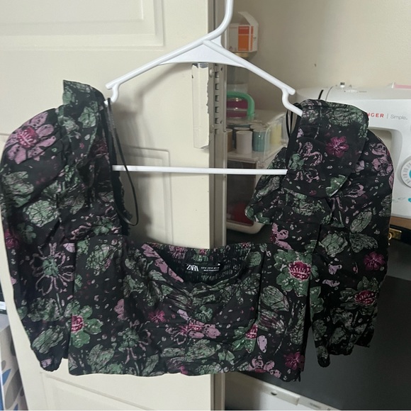 Zara Floral Ruffle Puff Sleeve Crop Top M - Picture 11 of 11